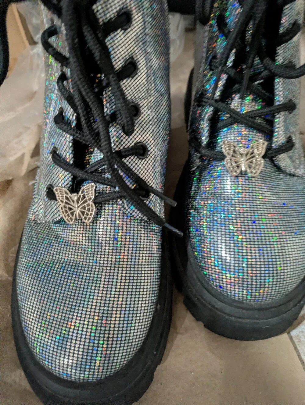 Holographic Silver Combat Boots Butterfly Charm, Child Size 3